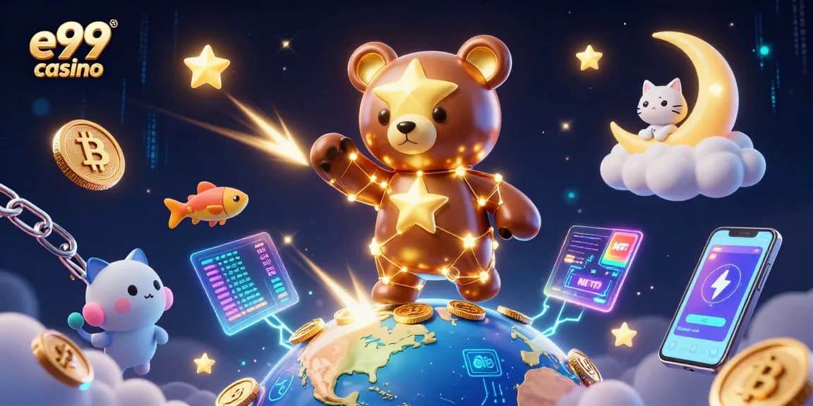 Join the excitement at e99 casino, where golden star characters scoop up coins while floating crypto elements shine brightly.