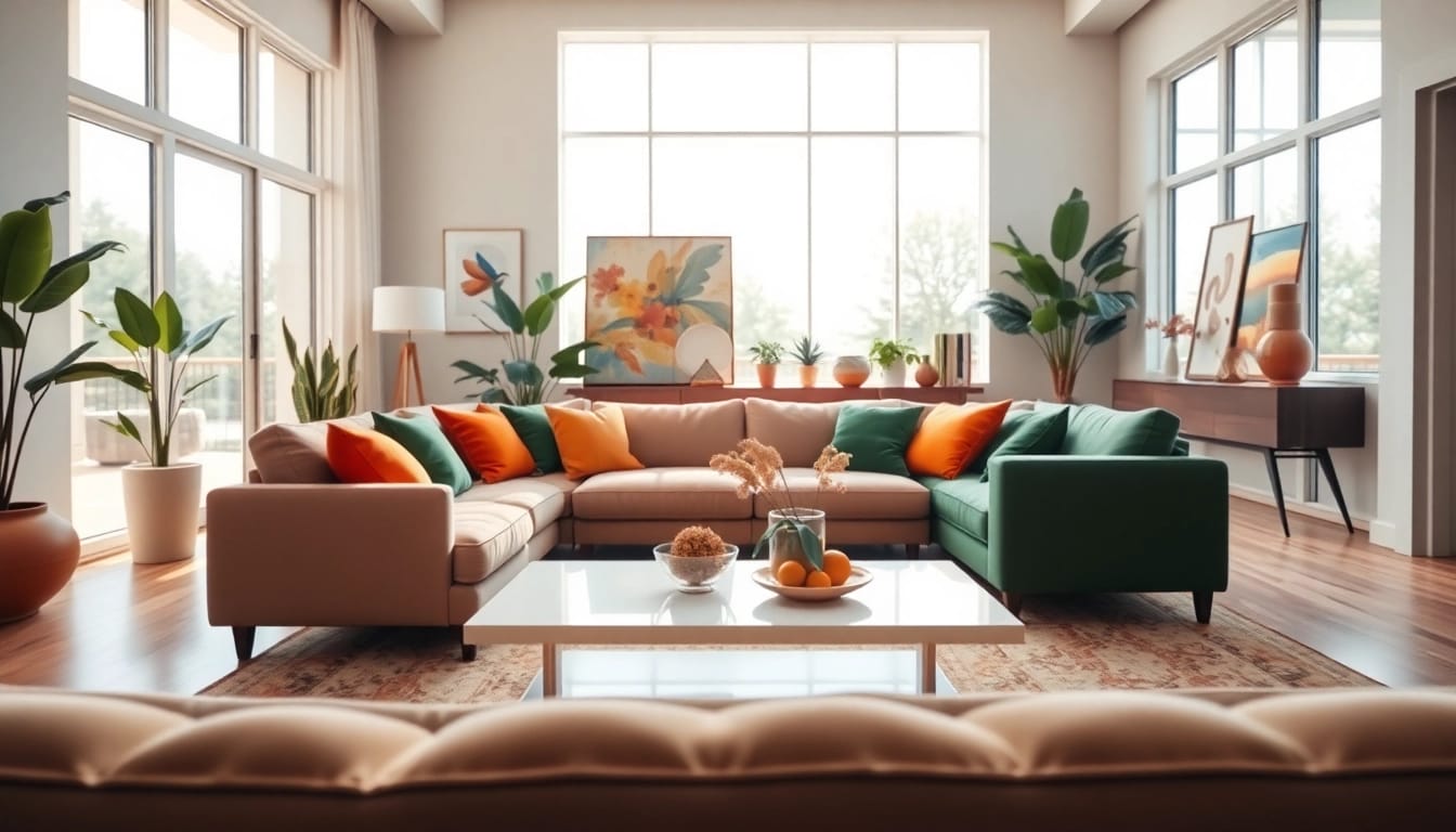Home improvement: Inviting modern living room with stylish decor and vibrant colors.