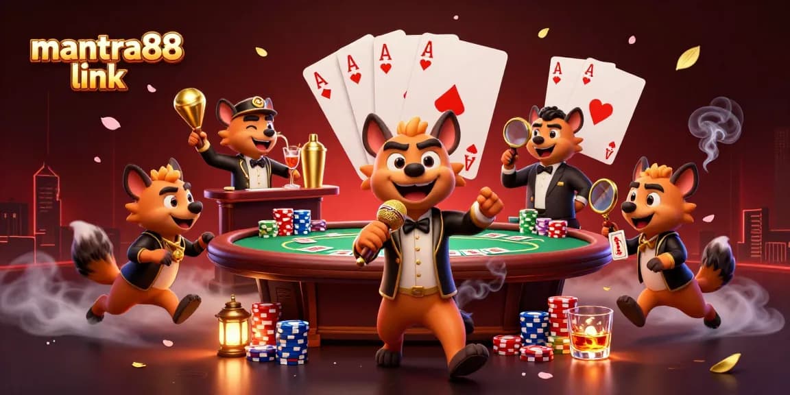 Experience the excitement of mantra88 link with a vibrant scene at a comedy casino featuring hyenas in action.