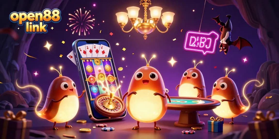 Experience the excitement of the open88 link with lively glowworms lighting up a vibrant casino scene.