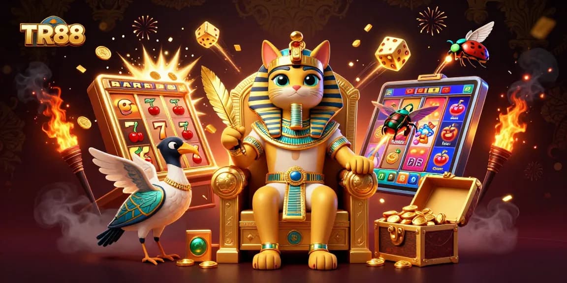 Experience the excitement of TR88 with a vibrant casino scene featuring a pharaoh cat and thrilling game elements.