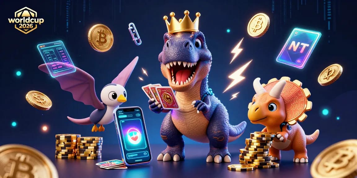 Engage with worldcup 2026 as a T-Rex shuffles cards while a pterodactyl assists, creating a vibrant gaming scene.