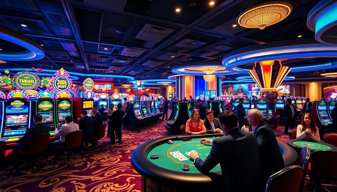 Agen89 menghadirkan suasana kasino yang meriah dengan pemain dan mesin slot berwarna-warni.