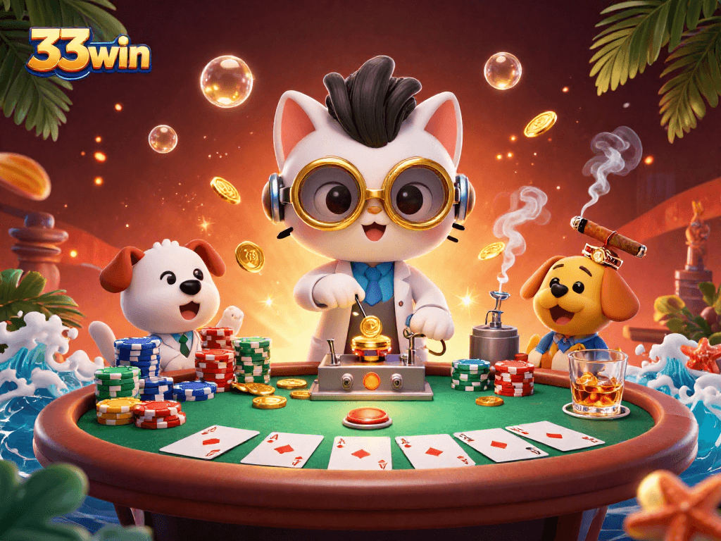 Experience the thrilling world of 33win with a vibrant 3D casino scene featuring poker elements.