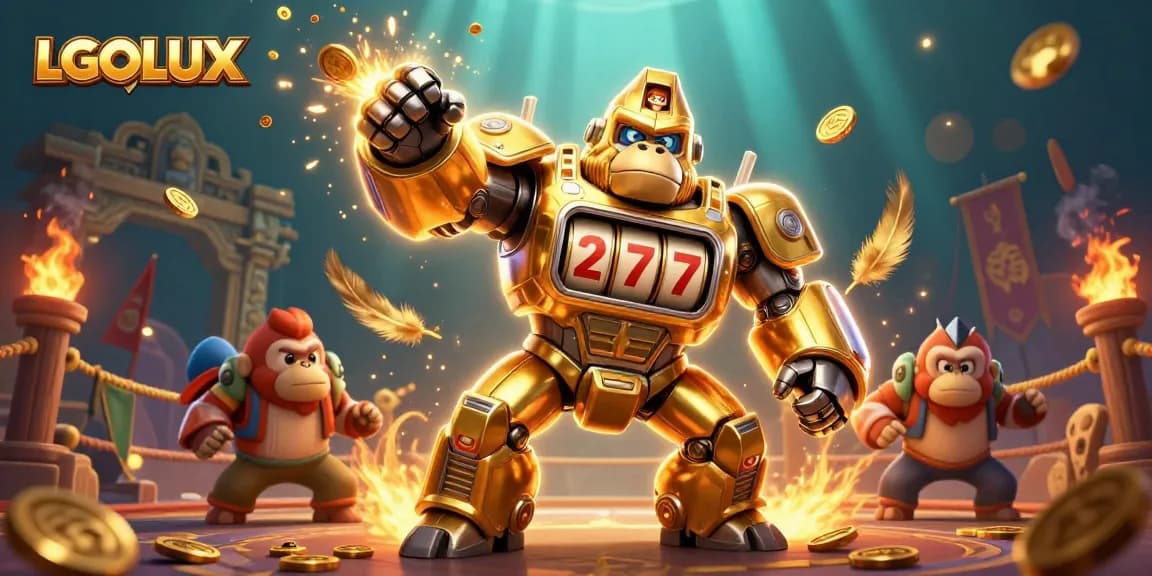 Experience thrilling slots with LGOLUX's golden gorilla mech, bursting with coins and action!