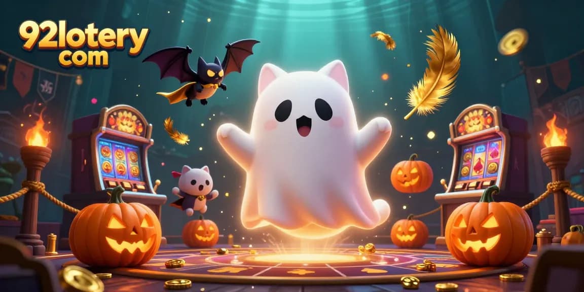 Join the excitement of 92lottery com in this vibrant casino scene with ghost cat and bat.