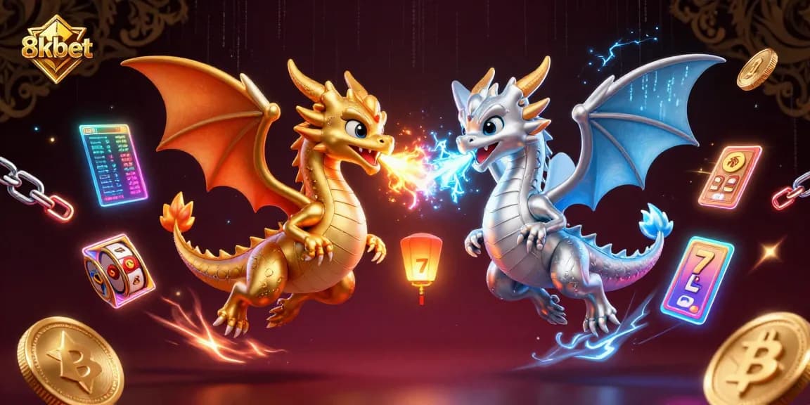 Engage with 8kbet's vibrant casino scene featuring dragons, cryptocurrency elements, and dynamic gaming symbols.