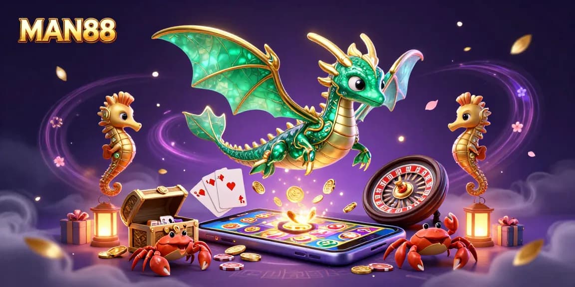 Experience excitement with MAN88's immersive 3D casino scene featuring vibrant slot reels and golden treasures.