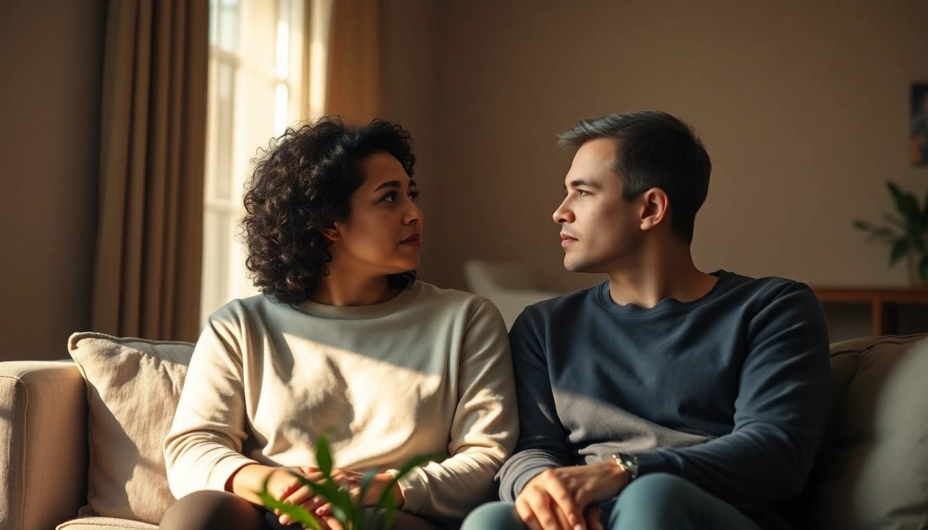 Exposing signs of emotional affair in marriage through a concerned couple in an intimate setting.