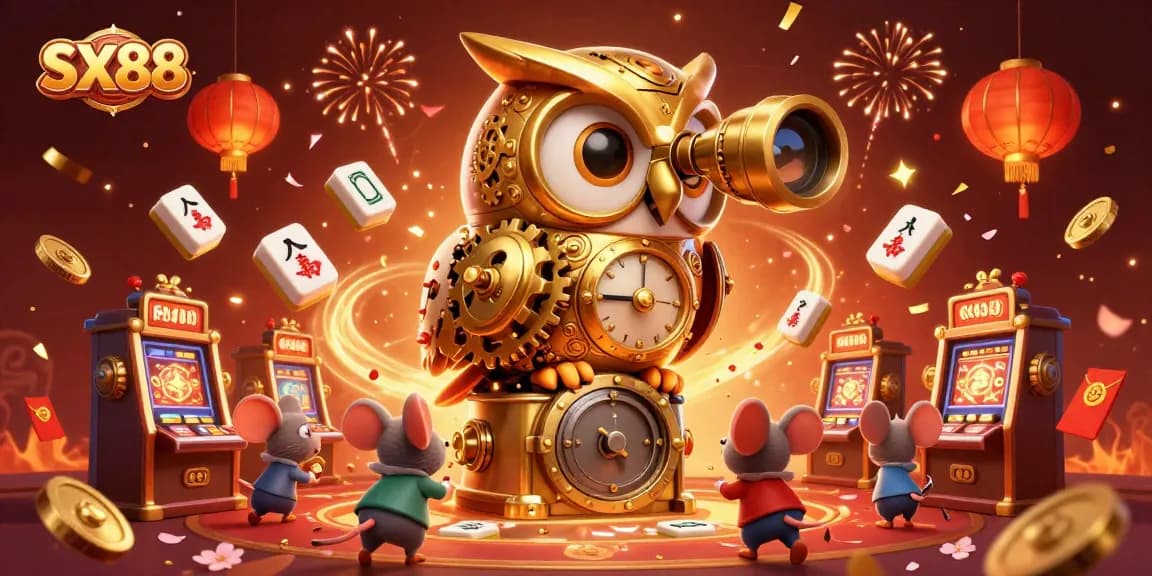 SX88 captivates with a lively casino scene, featuring a golden owl observing mouse patrons at slot machines.