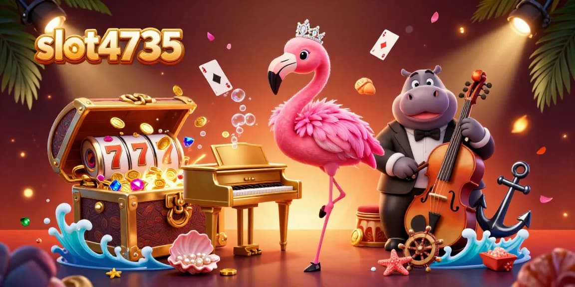 Join entertaining games at slot4735 featuring a flamingo singer and hippo bassist amid gold coins and vibrant casino elements.