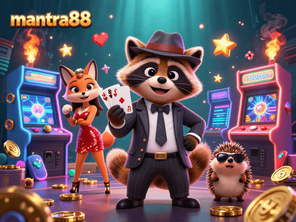 Experience thrilling gaming action with mantra88’s vibrant characters and casino-style elements.