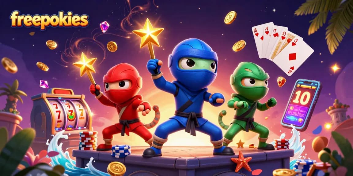 Win big on freepokies with a ninja chameleon team and vibrant casino symbols.