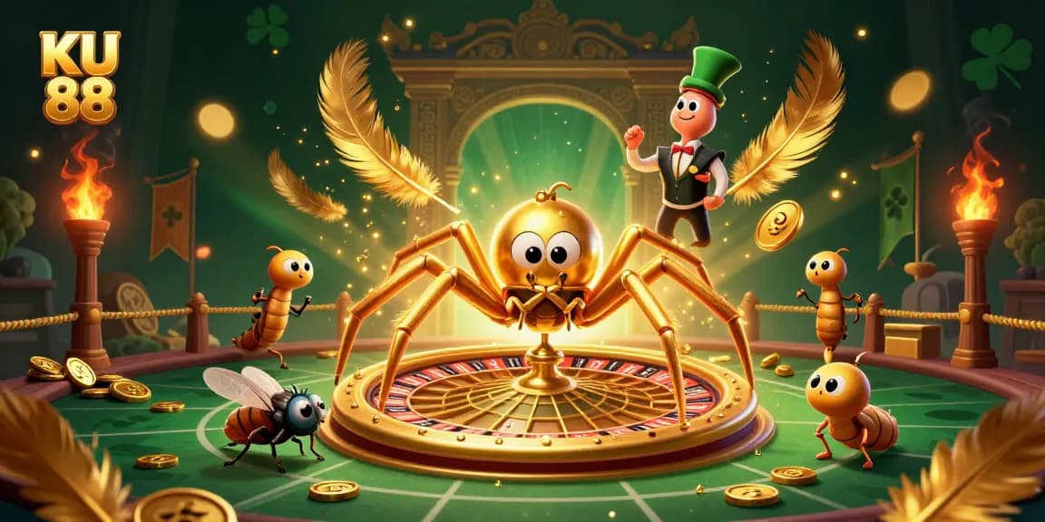Bet with KU 88 in a dynamic casino scene featuring a golden spider, a betting fly, and a centipede croupier.