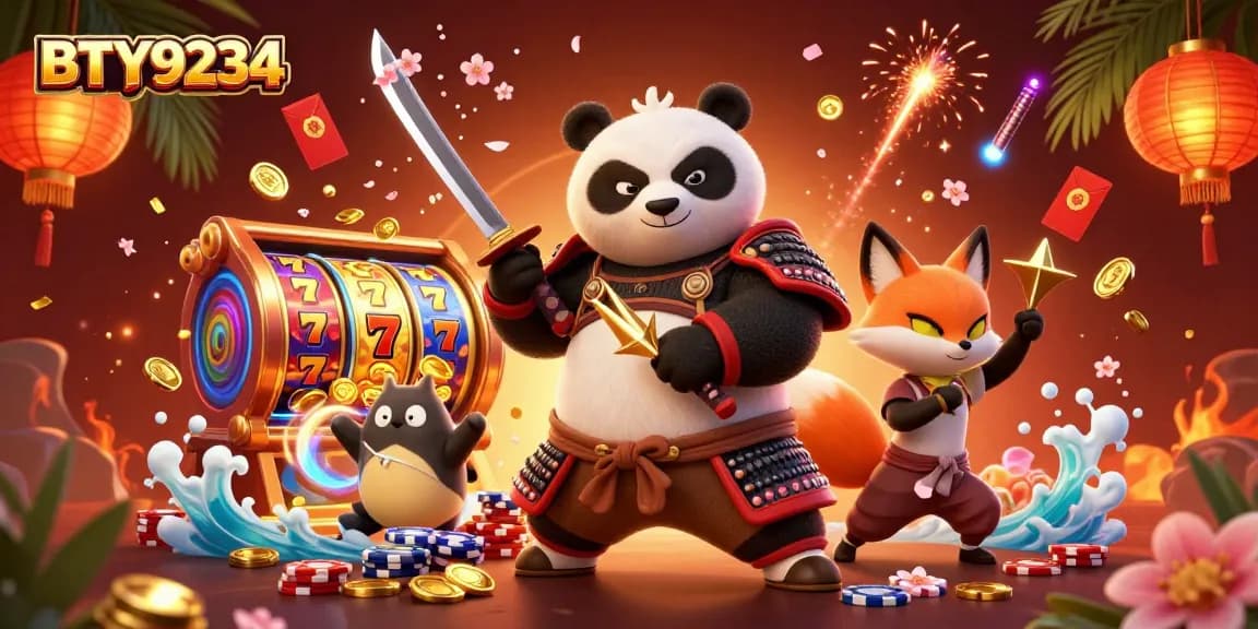 Engage with BTY9234's vibrant online casino scene featuring a samurai panda, ninja fox, and fortune elements.