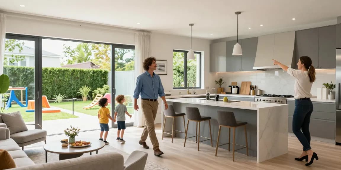 Família analisando uma casa moderna da Woning-unie, destacando o design do interior e um ambiente acolhedor.