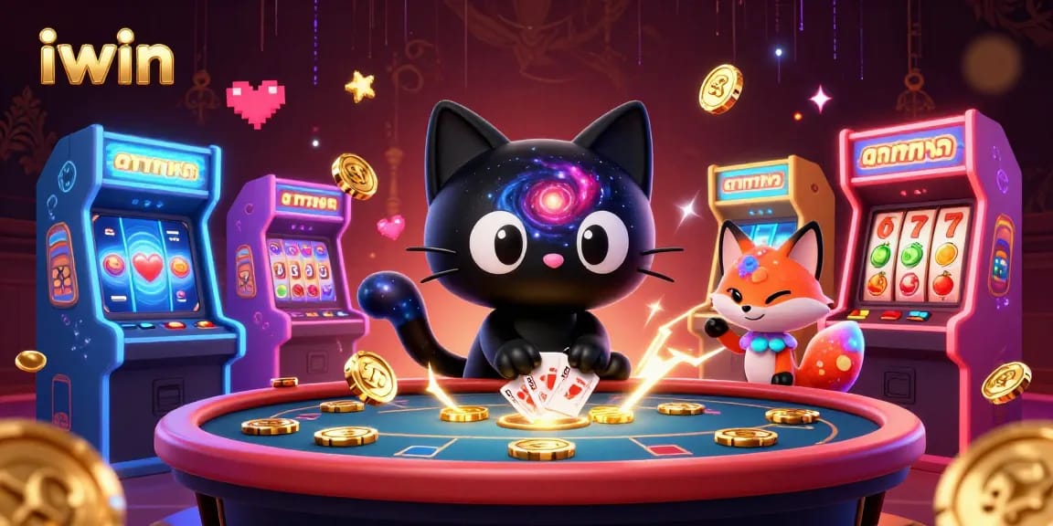 Engage in thrilling gaming at iwin casino with colorful characters, slot reels, and vibrant arcade machines.