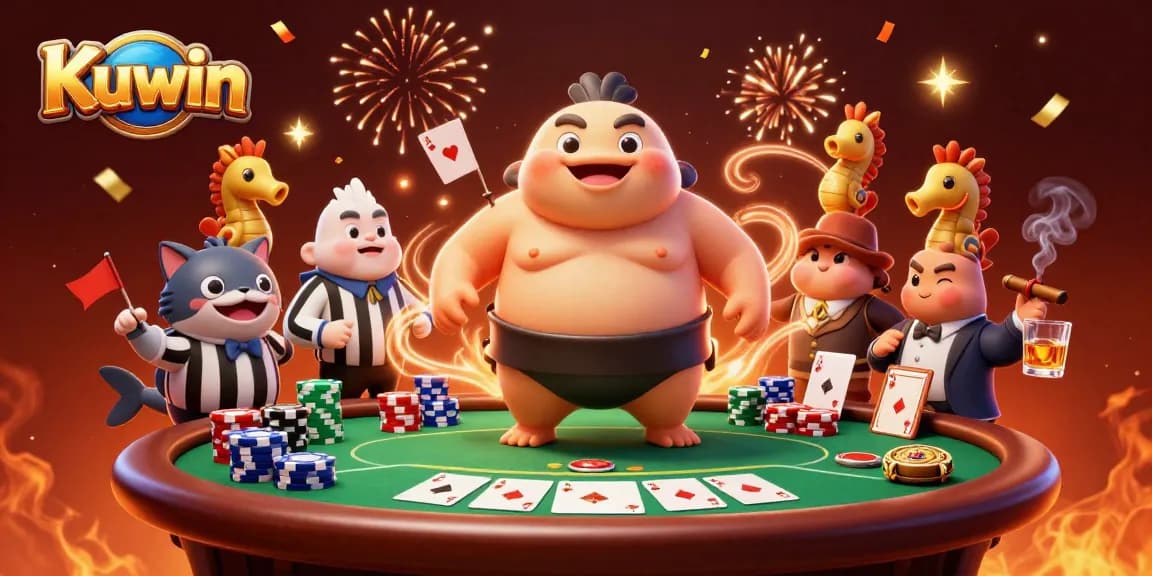 Kuwin's dynamic gambling scene showcases a fugu in a sumo belt at a poker table with vibrant elements.