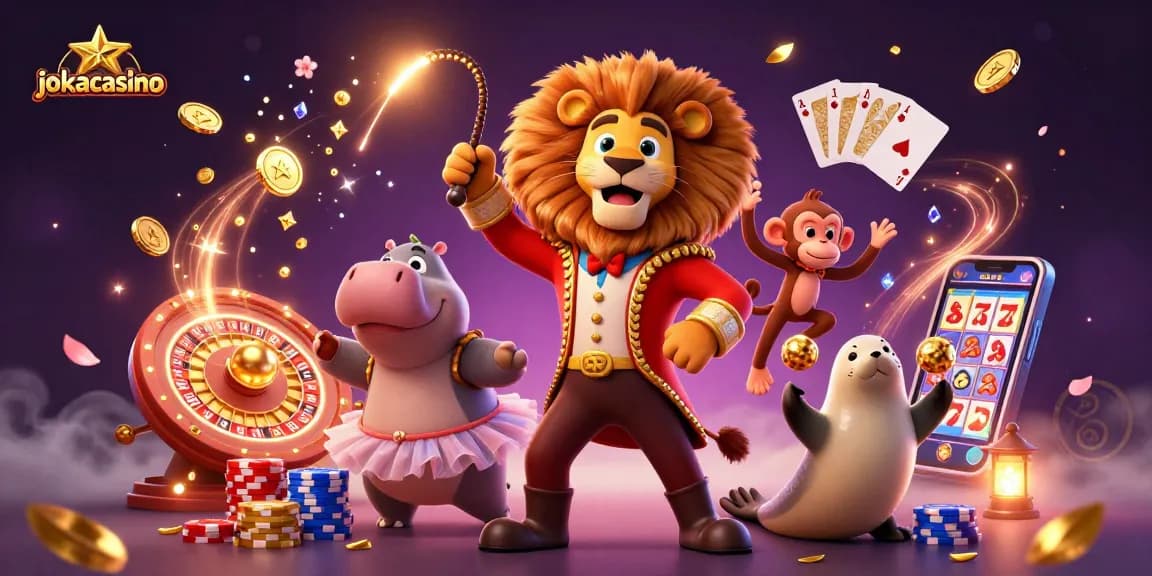 Experience the vibrant energy of jokacasino with a dynamic circus-themed digital illustration showcasing a lion, hippo, monkey, and seal.