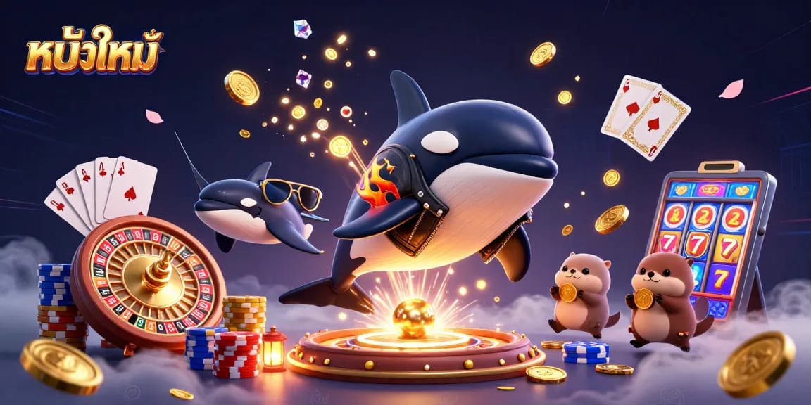 ภาพการ์ตูน 3D ของหนังใหม่ ที่มีปลาวาฬในเสื้อแจ็คเก็ตหนังและสัตว์ทะเลอื่นๆ