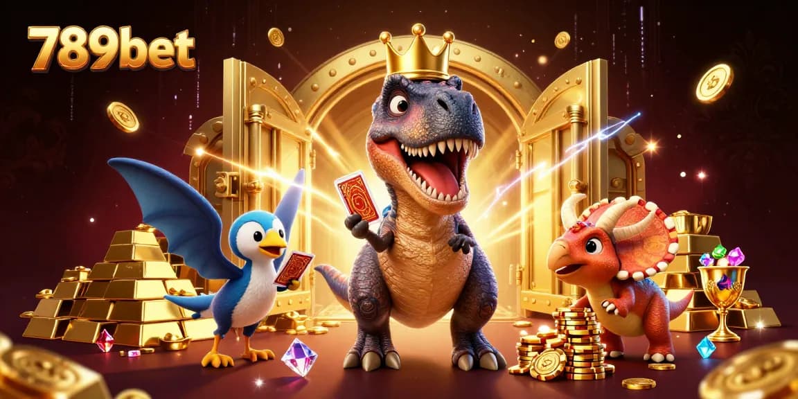 Engage with 789bet as a T-Rex plays cards and a pterodactyl assists in a vibrant casino scene.