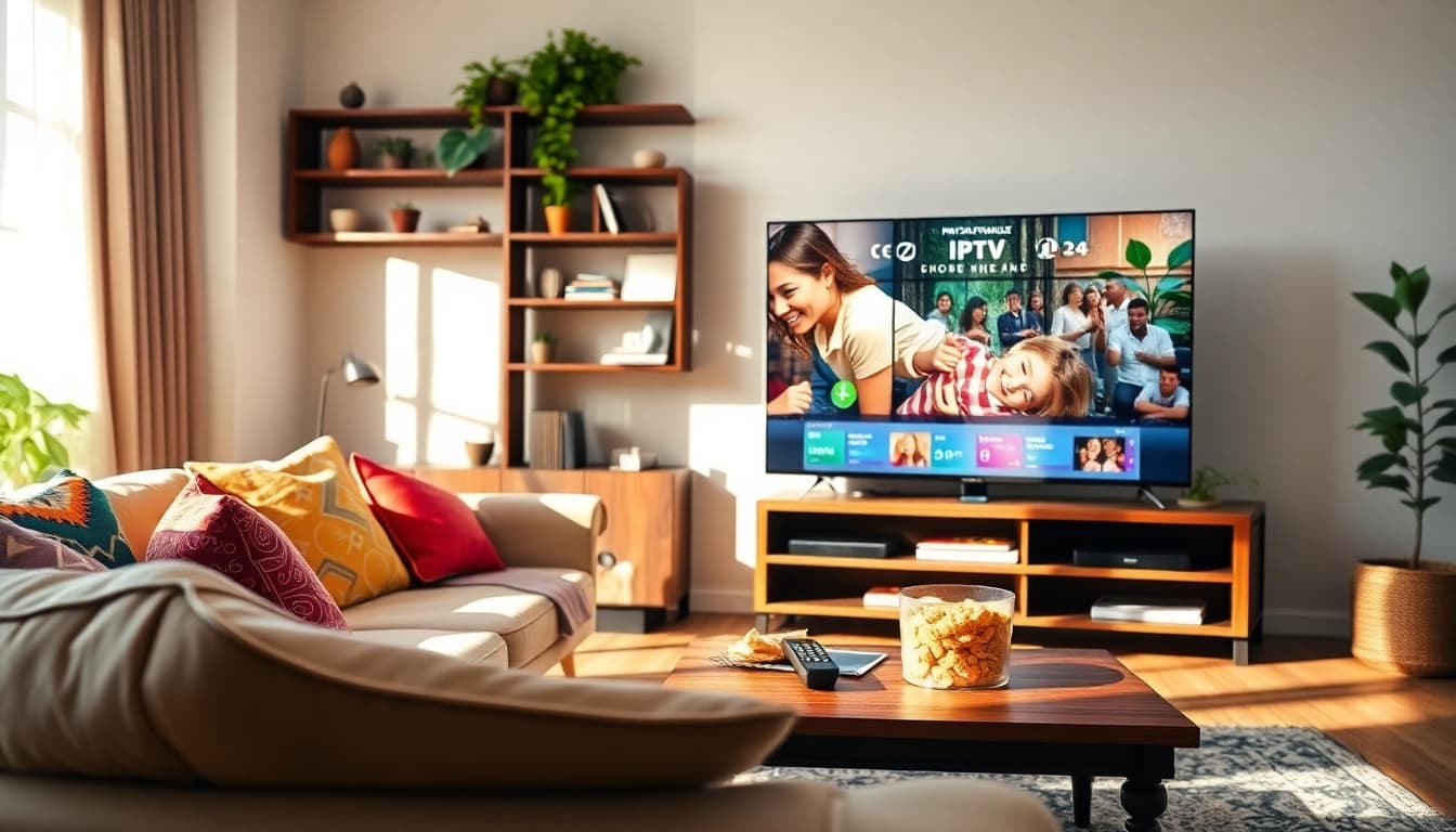 Enjoy IPTV Free Trial No card with a cozy streaming setup in a vibrant living room.