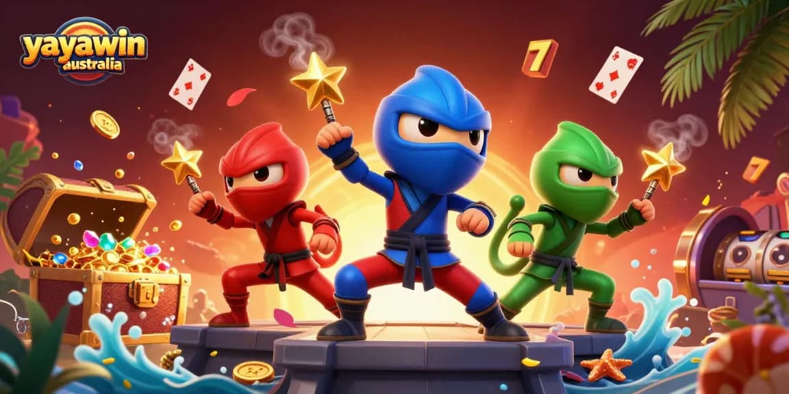 Experience the thrill of pokies with yayawin australia's dynamic 3D ninja chameleon team illustration.