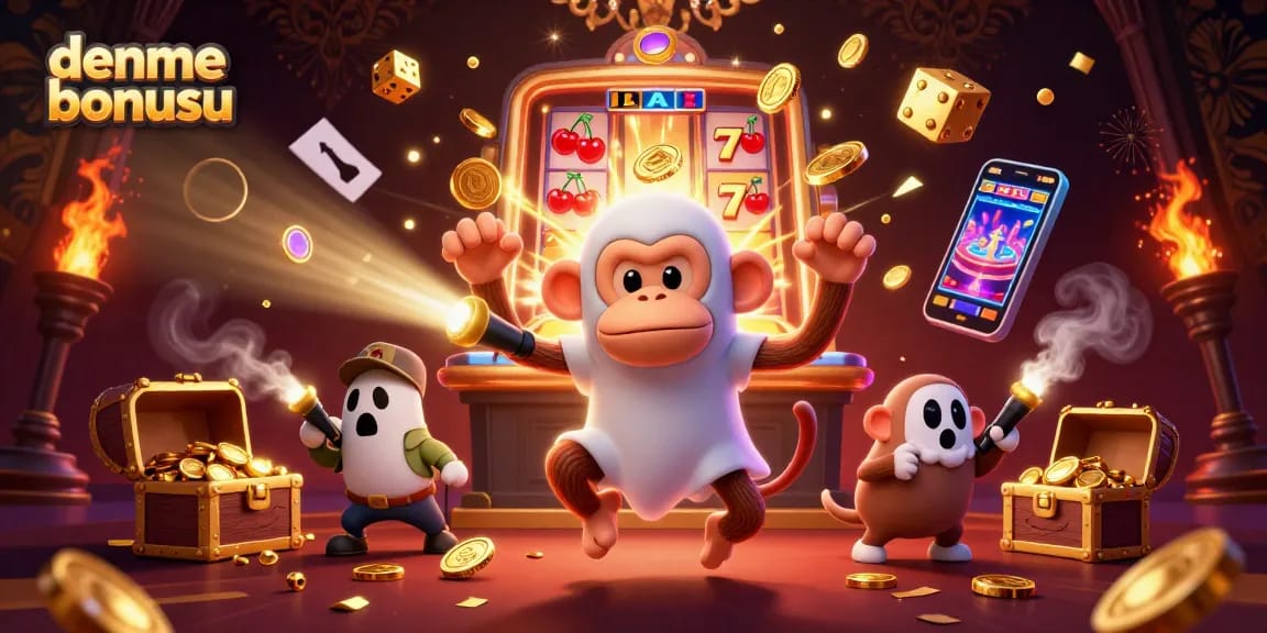 Experience thrilling deneme bonusu action with our playful 3D casino scene featuring a ghostly puppy and a juggling monkey.