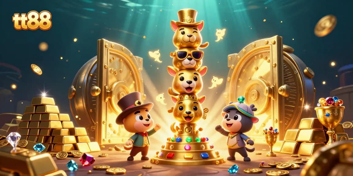 Experience thrilling wins at tt88 with vibrant animated casino characters and treasure in a dynamic scene.