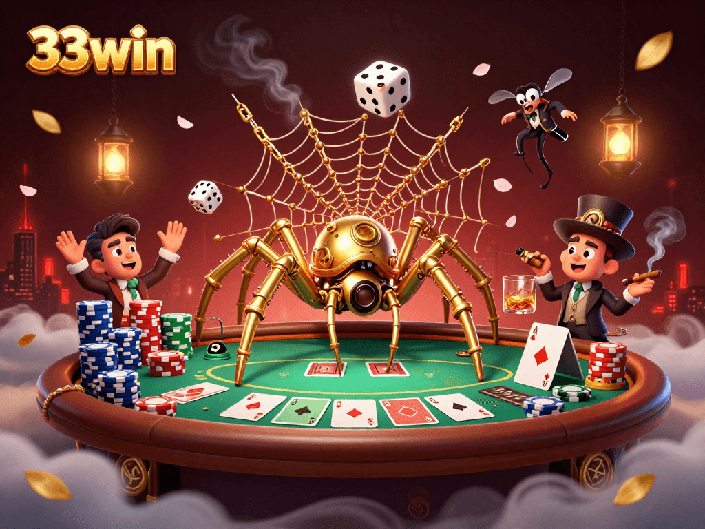 Engage with 33win while the steampunk spider captures dice in its golden web at an animated poker scene.
