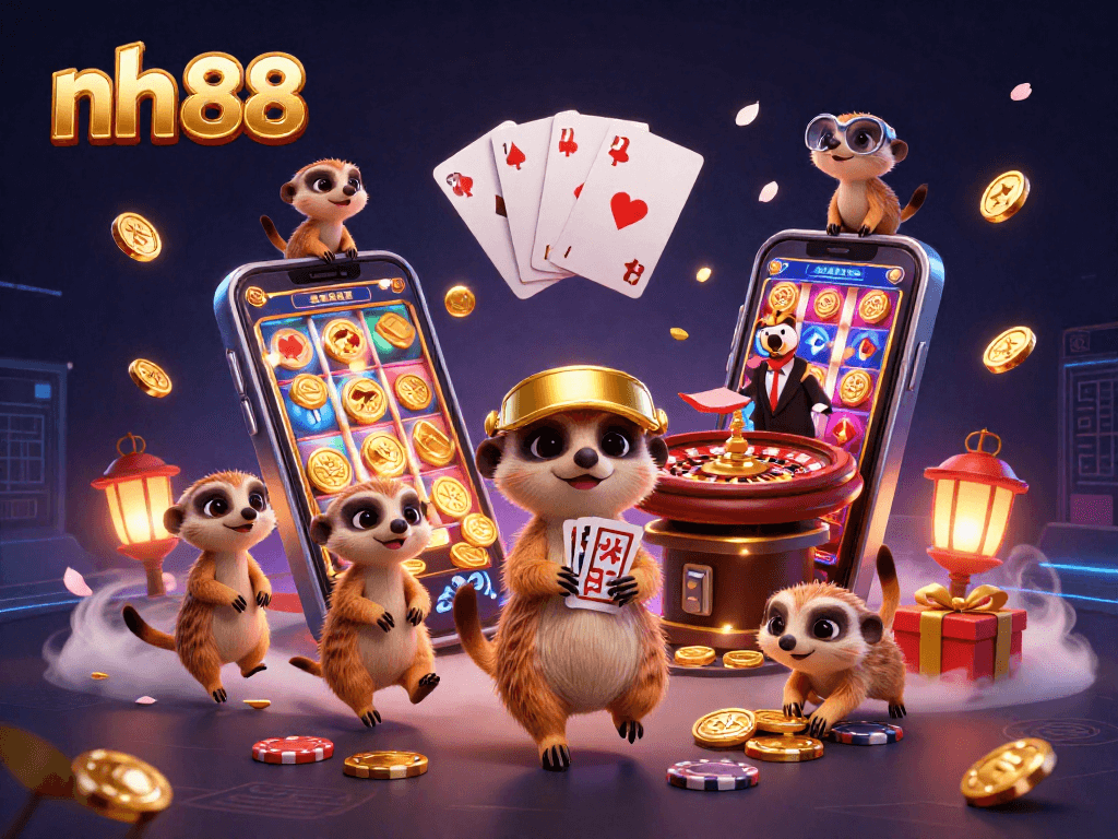 Engage at nh 88 with cartoon meerkats managing a lively casino, surrounded by thrilling gaming elements.