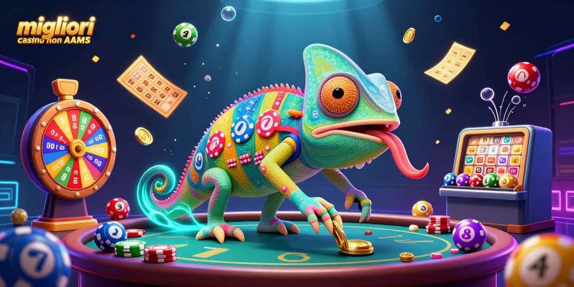Immagine dei migliori casino non AAMS con un camaleonte proprietario che cattura monete dorate tra elementi di gioco vivaci.