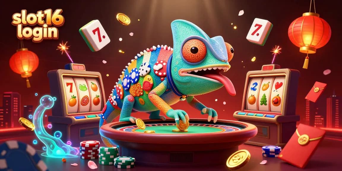 Engage with slot16 login at this colorful casino scene featuring a chameleon owner capturing golden coins.