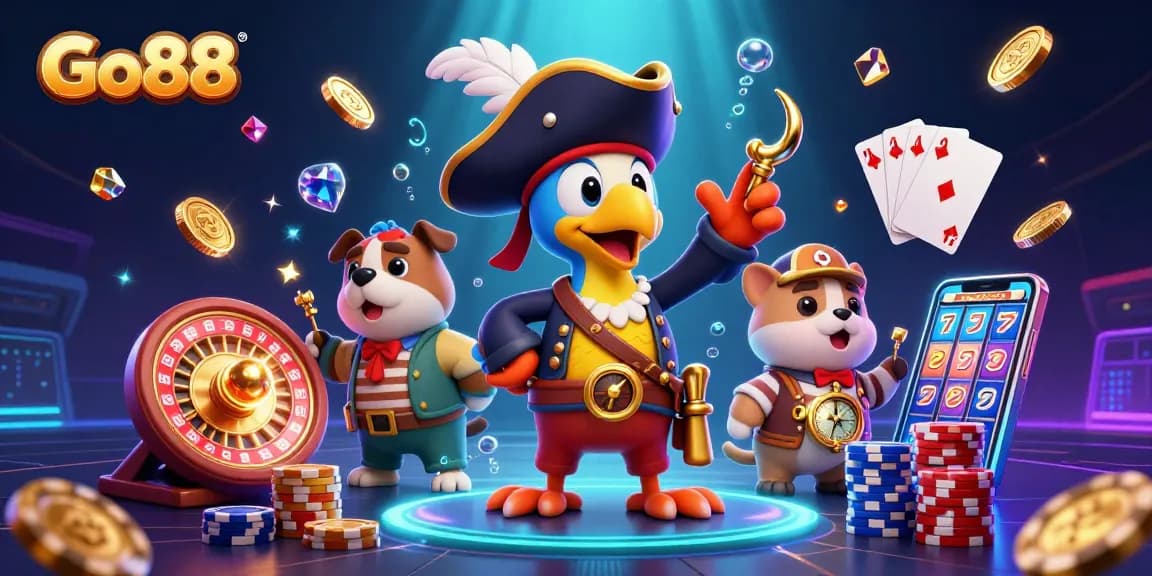 Experience Go88 with an exciting scene of gambling, gold coins, and casino elements.
