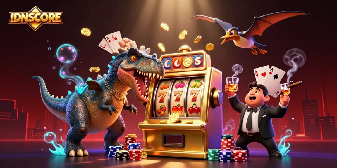 IDNSCORE slots scene featuring a pachycephalosaurus winning a jackpot, enhancing the casino vibe.