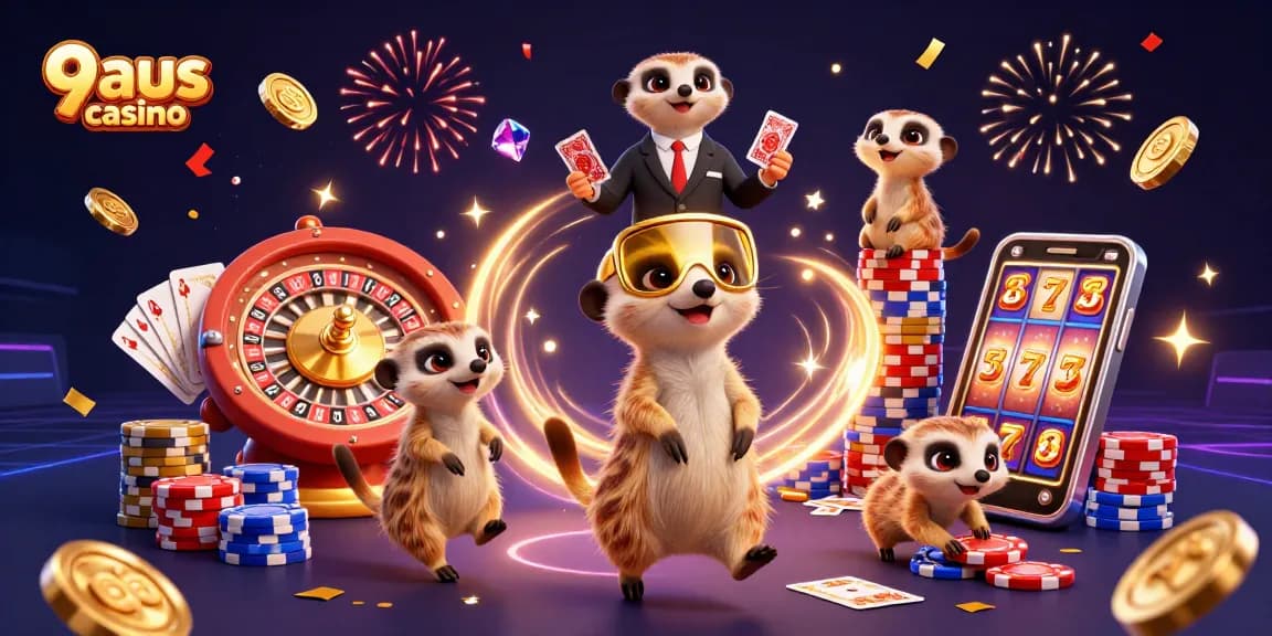 A lively 9aus casino scene with meerkats managing a colorful casino, showcasing vibrant game elements.