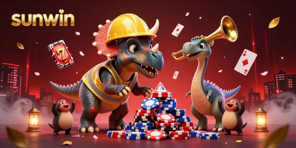 Engage with the vibrant sunwin casino scene featuring a triceratops celebrating amidst poker chips and vibrant gaming elements.