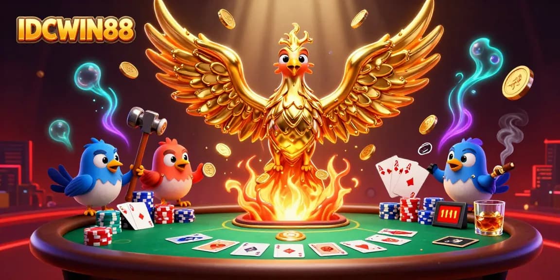 Play and win at IDCWIN88 with a dynamic casino scene featuring a molten golden phoenix.