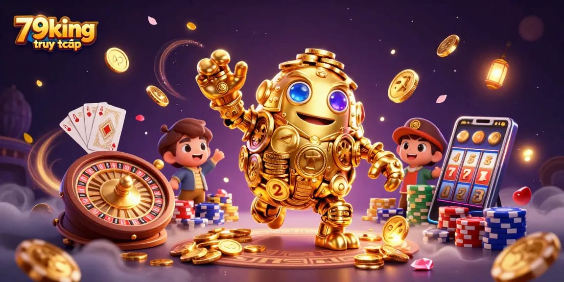 Engage with the dynamic world of 79king truy cập, featuring golden animated golems and vibrant casino elements.