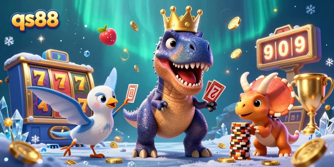 Experience the thrilling excitement of qs88 with a lively card game scene featuring dinosaurs and slot elements.