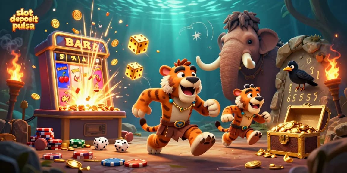 Menghadirkan slot deposit pulsa yang menarik dengan karakter dan permainan kasino dalam ilustrasi 3D yang penuh warna.