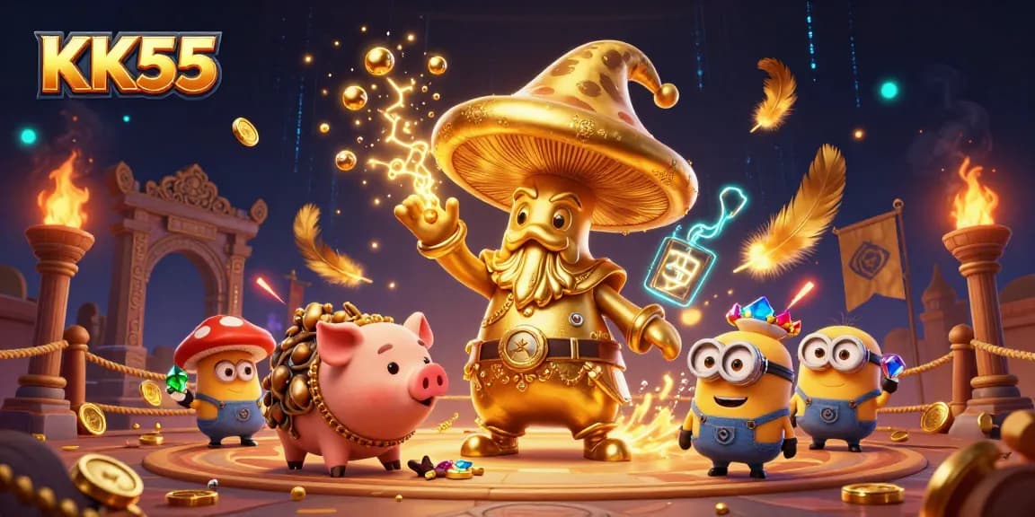 Engage with KK55's vibrant gaming world, featuring a magical wizard and treasure-hunting pig.
