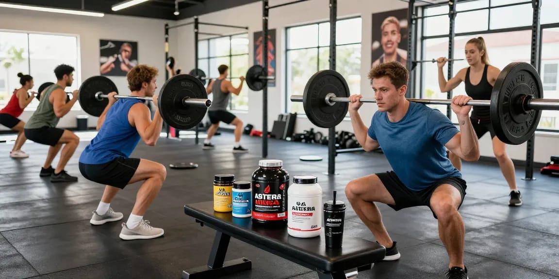 Group of athletes using Astera Shop products during strength training session in modern gym.