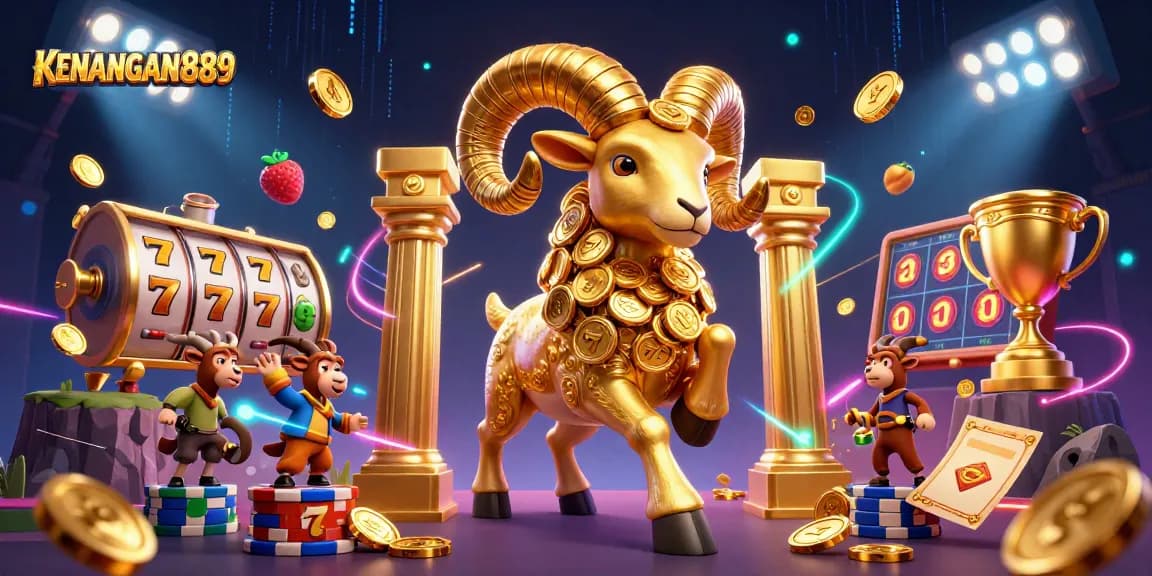KENANGAN889 features a golden ram charging through a regal gate, surrounded by dynamic slot game elements.