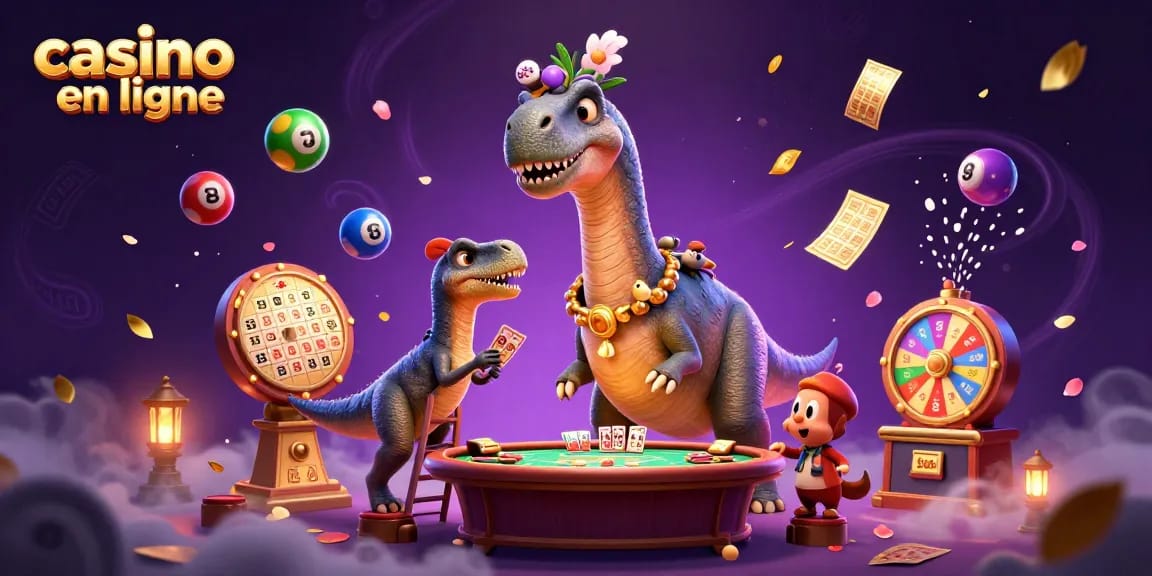 Dans ce casino en ligne, un brontosaurus géant surplombe une table de poker avec des raptors en action.
