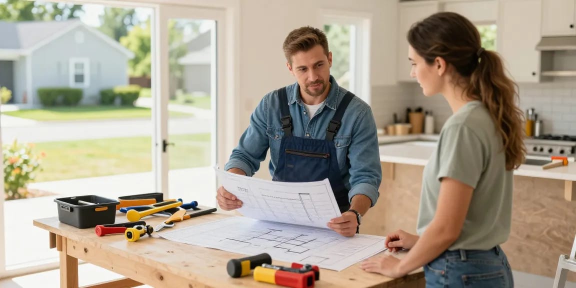 Kuwin - Trusted local services with professional contractor reviewing renovation plans in the community.