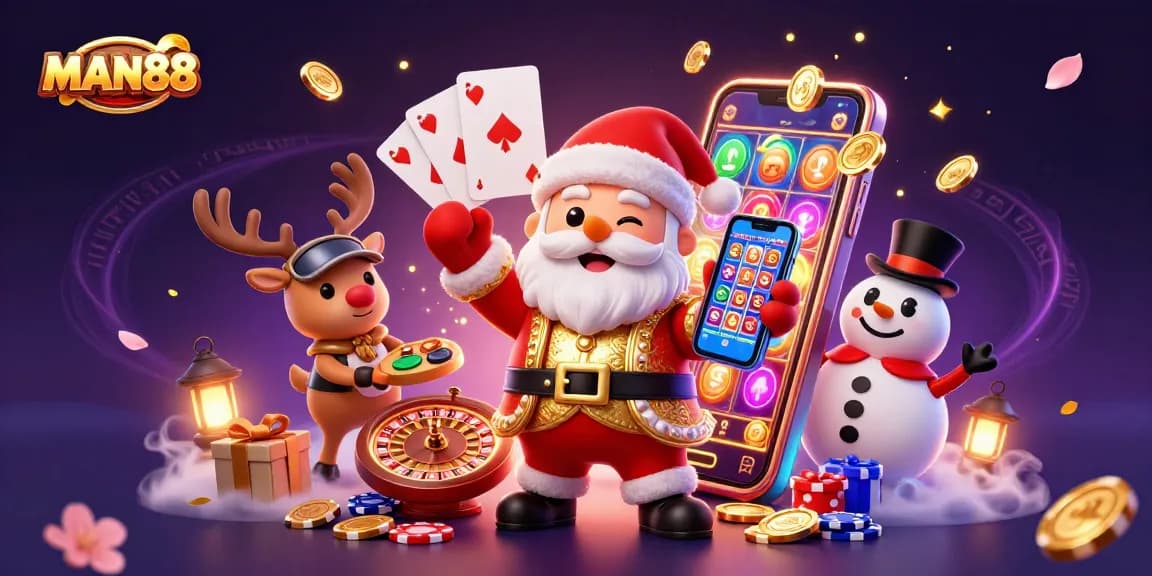 Engage with the thrilling jackpot slots at MAN88 through a festive casino illustration featuring Santa and friends.