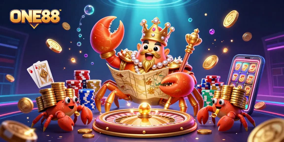 Engage with ONE88's vibrant casino world featuring a golden crab emperor and dazzling game elements.