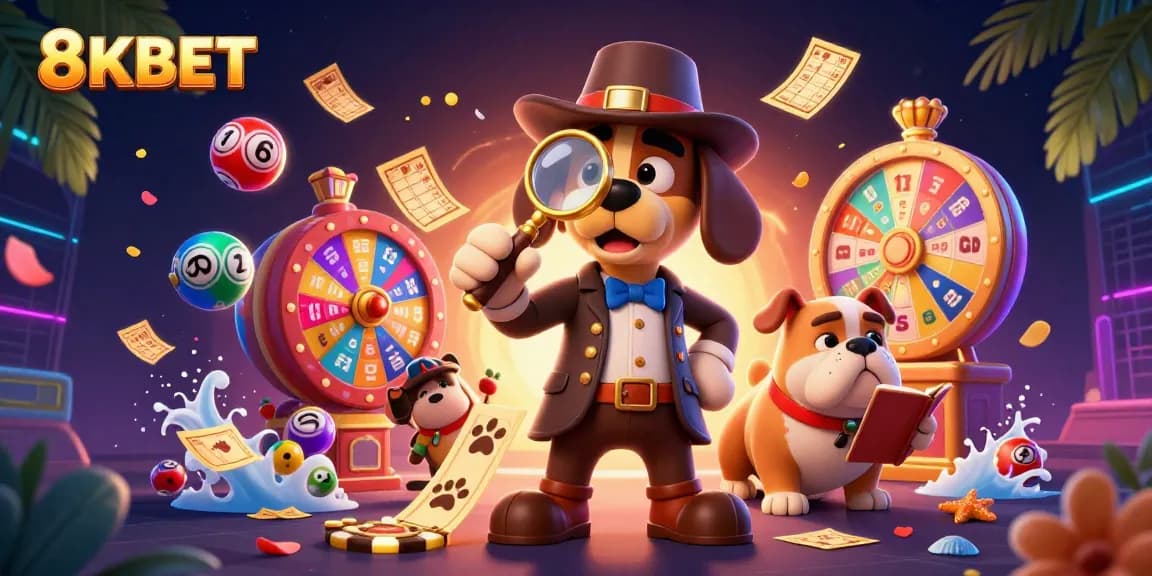 Engage with thrilling games at 8KBET featuring a detective story with colorful lottery elements in a vibrant scene.