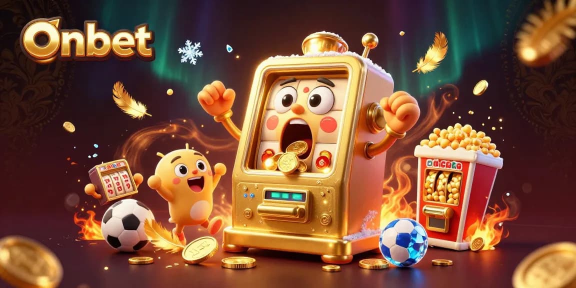 Experience excitement with Onbet's golden slot machine celebrating a jackpot surrounded by cheering baby machines and sports betting elements.
